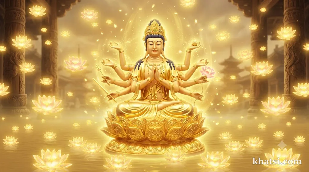 Bồ Tát Avalokiteśvara với ánh sáng vàng, bông sen quanh, tượng trưng của từ bi và cứu độ