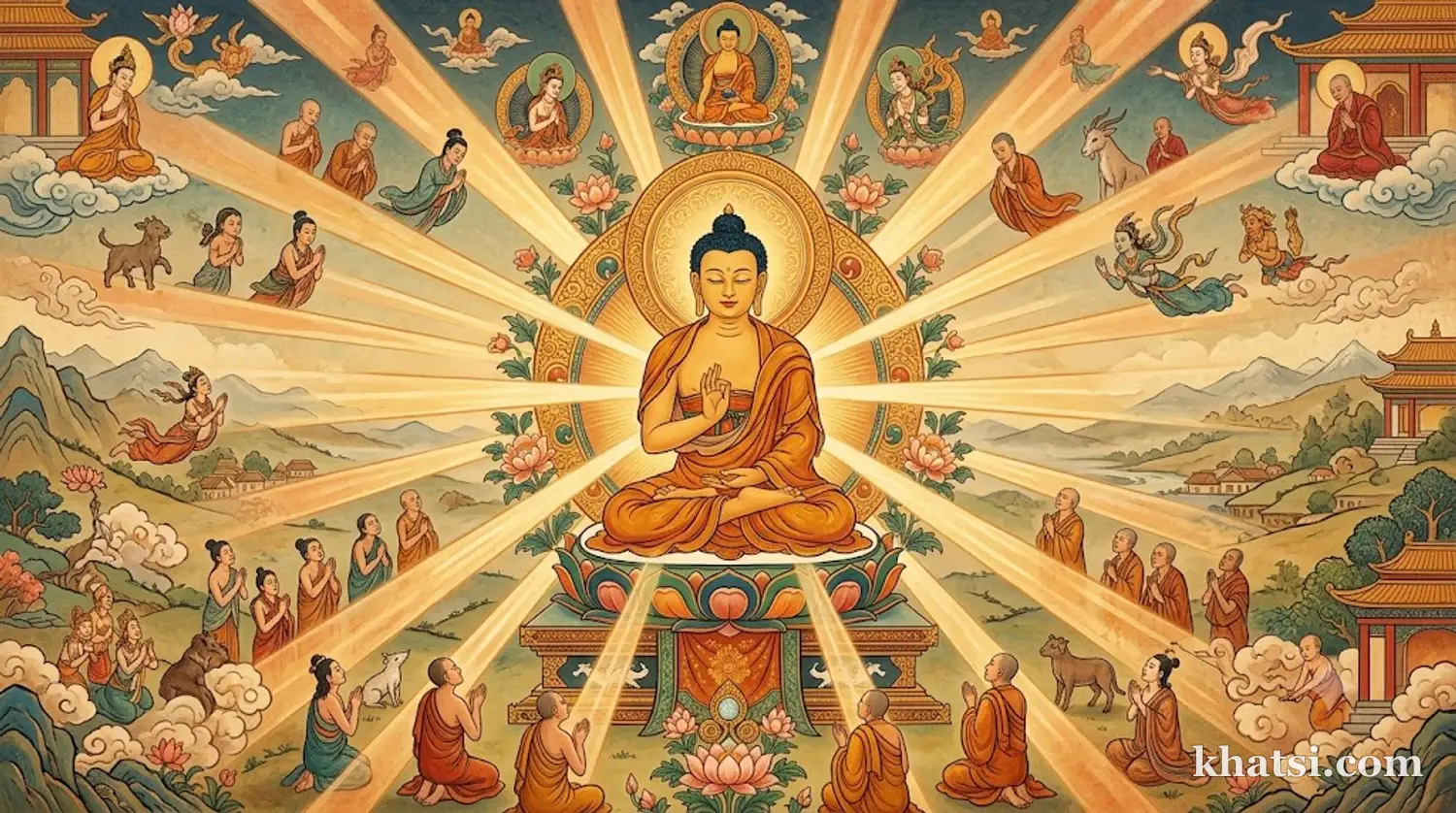 Ánh sáng ấm áp lan tỏa từ một người ngồi thiền ra muôn phương, biểu tượng lòng cho đi vô lượng